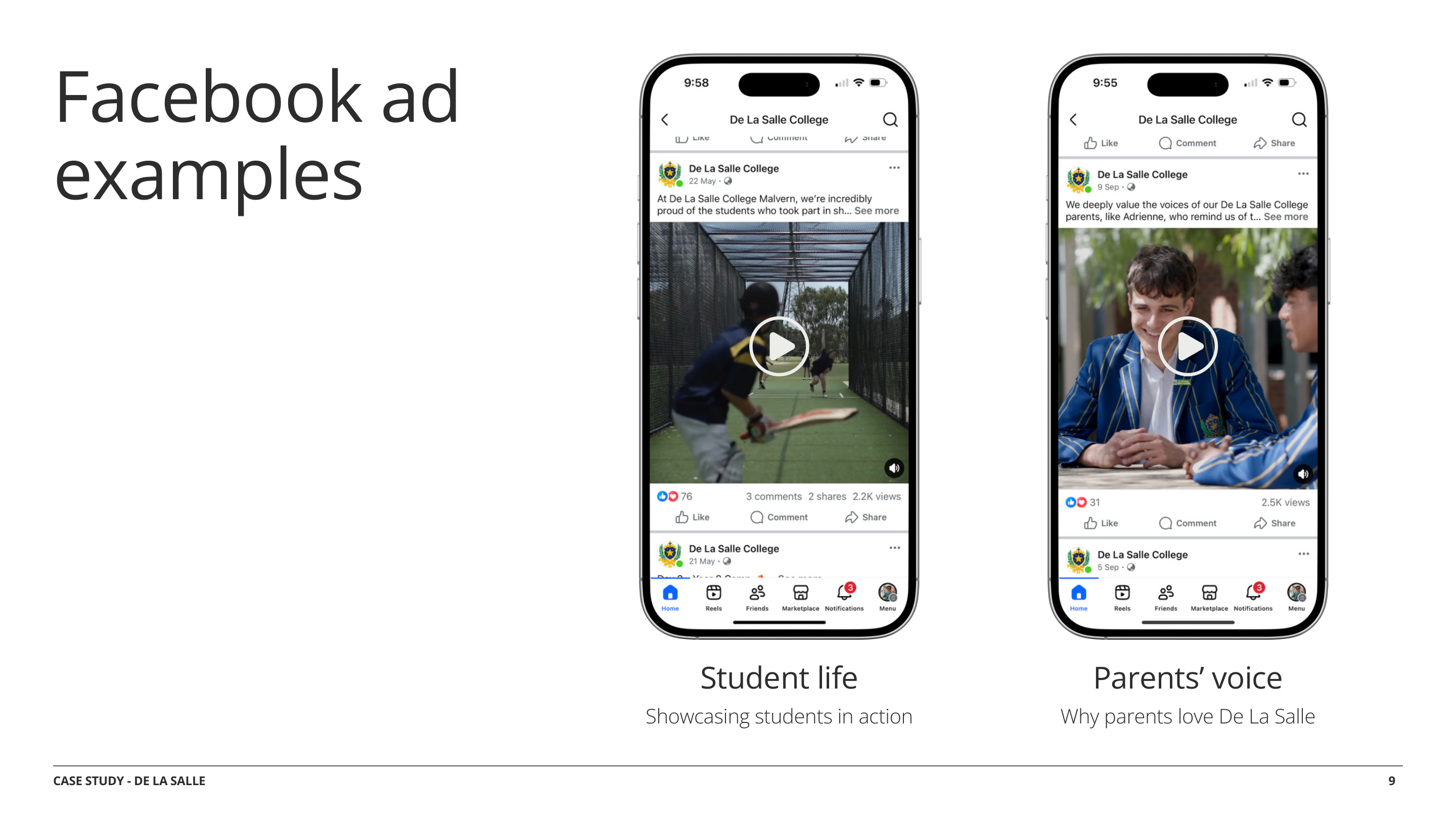 De La Salle Facebook ad campaign mockups — student life and parents voice